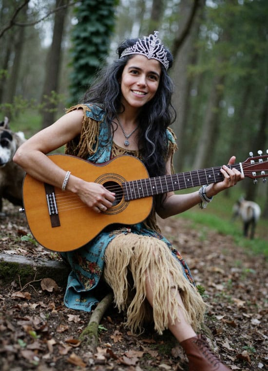 Descubre tu Creatividad con Reiki 2 Descubre tu Creatividad con Reiki – Mujer con vestimenta inspirada en pueblos indígenas y corona de gemas, tocando la guitarra en el bosque, simbolizando la expresión creativa libre.