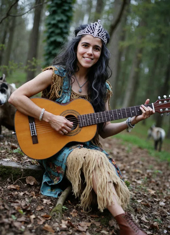 Discover Your Creativity with Reiki 2 Discover Your Creativity with Reiki – A woman wearing a crown and bohemian dress playing guitar in the forest, symbolizing free creative expression.