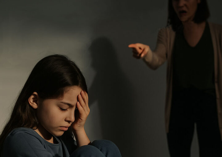 Growing up with an Emotionally Unstable Mother: A child emotionally shattered in front of her angry mother yelling at her.