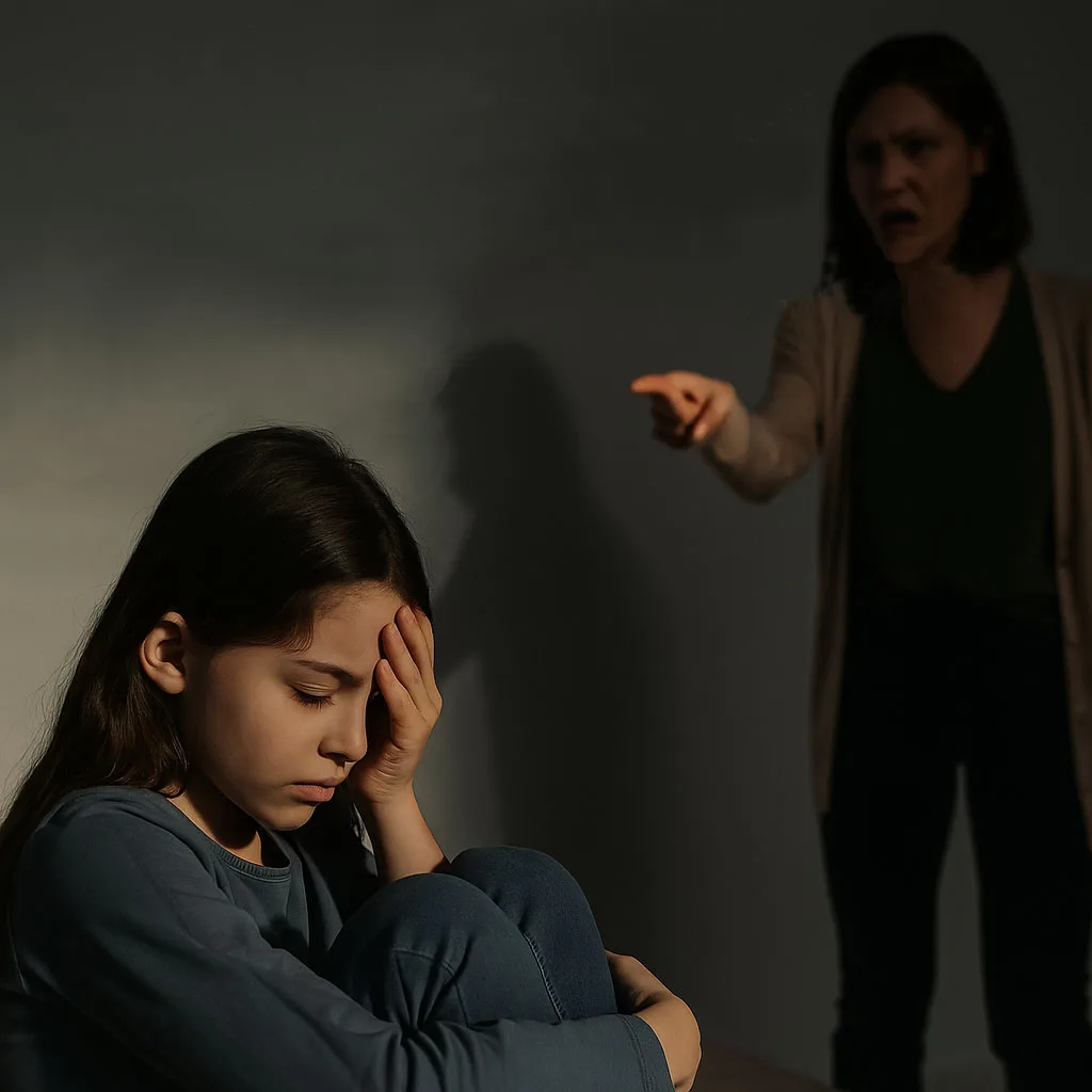 Ruhsal Olarak Dengesiz Bir Anneyle Büyümek: Bağıran annesinin karşısında duygusal olarak çökmüş küçük bir kız çocuğu.