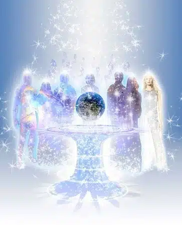 Illustration of beings of light gathered around the Earth, representing the Reiki Master level.