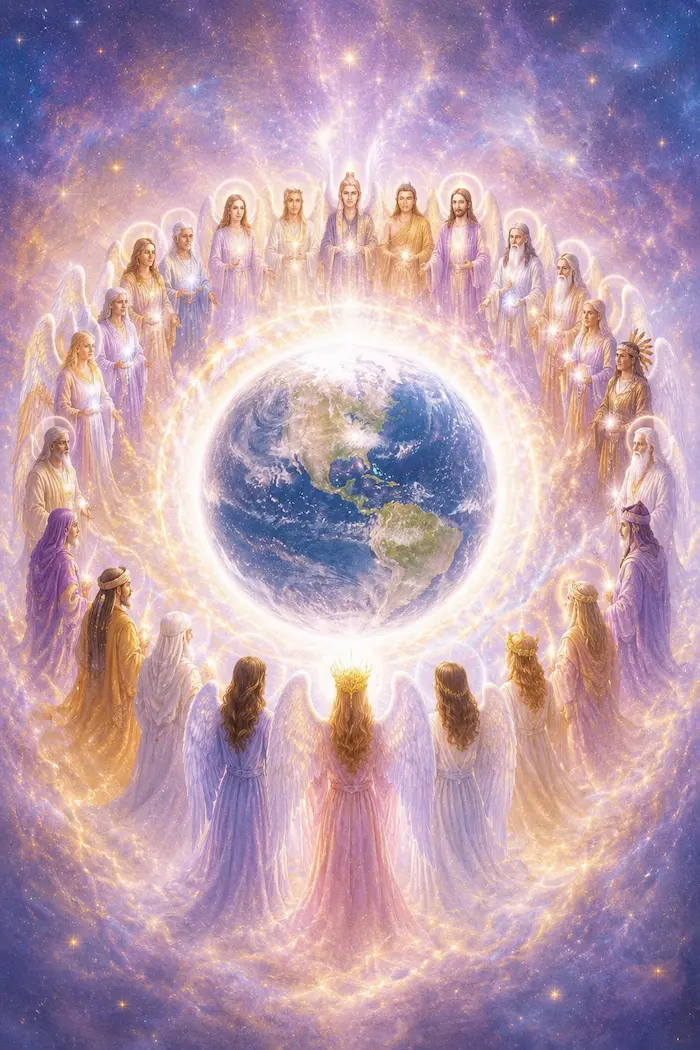 Seres de luz en círculo alrededor de la Tierra, una imagen de la sanación Reiki a distancia enviada a todo el planeta.
