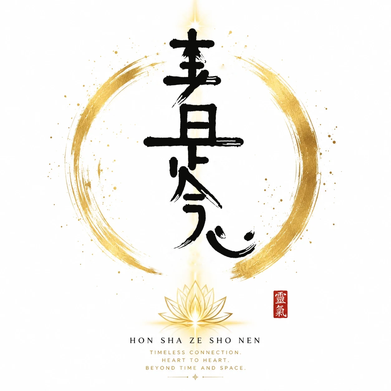 Hon Sha Ze Sho Nen, the distance Reiki symbol, written with a brush in the style of Japanese shodō calligraphy inside a golden circle.